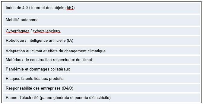 Tableau des 10 risques émergents sélectionnés