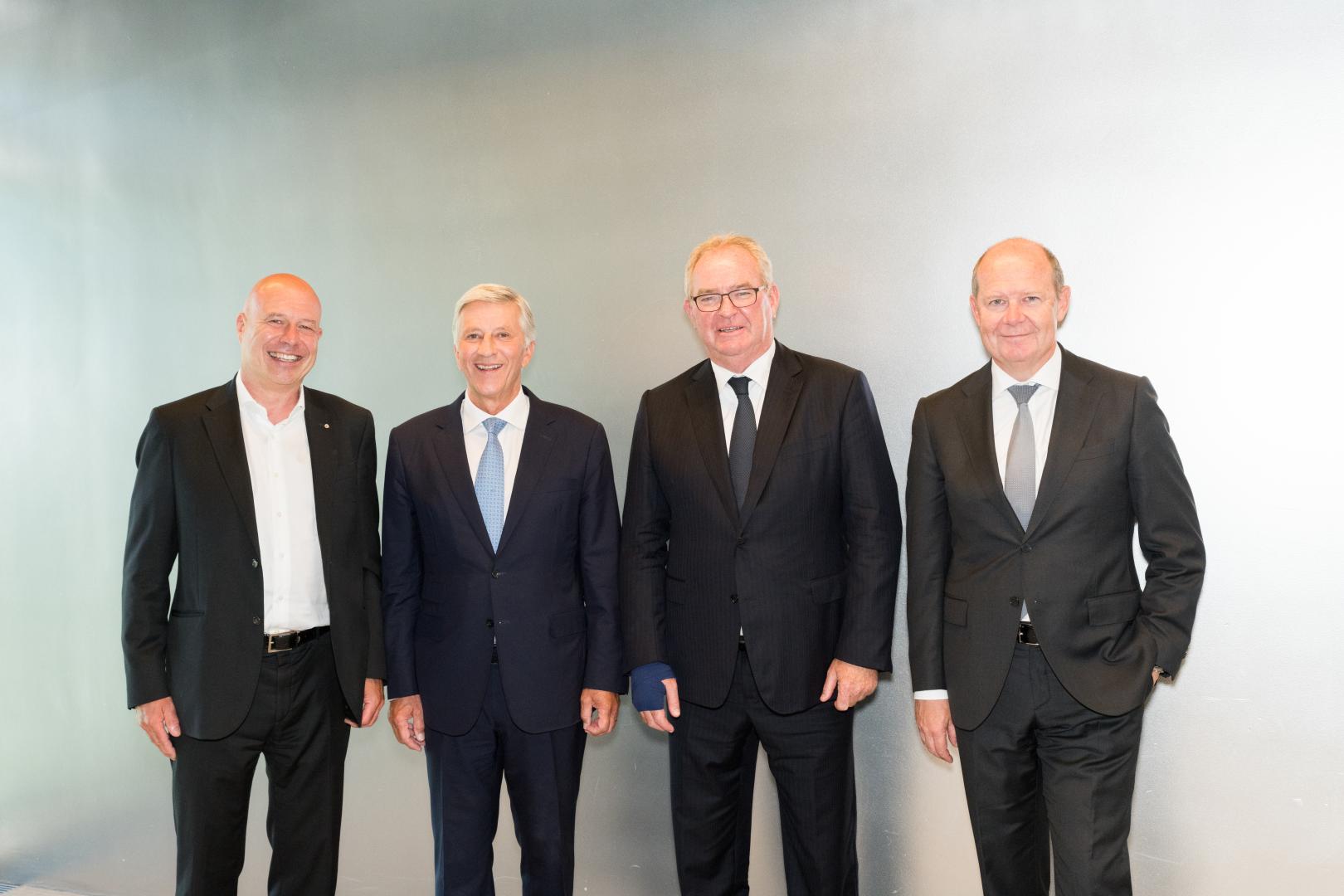 Zu Besuch in Lugano: Die Verbandspräsidenten Fabio Regazzi (Schweizerischer Gewerbeverband), Rolf Dörig (Schweizerischer Versicherungsverband), Christoph Mäder (Economiesuisse) und Valentin Vogt (Schweizerischer Arbeitgeberverband) (v.l.n.r.)